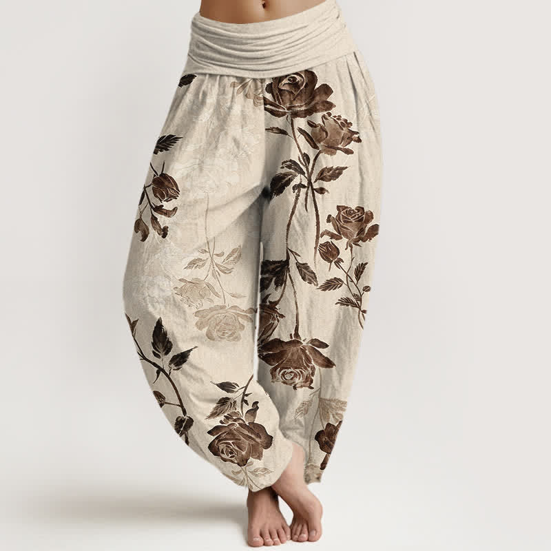 Buddha Stones Pantalones harem de algodón con estampado vintage de rosas para mujer con cintura elástica. - Lino - US16，UK/AU20，EU48 (3XL) - image 0