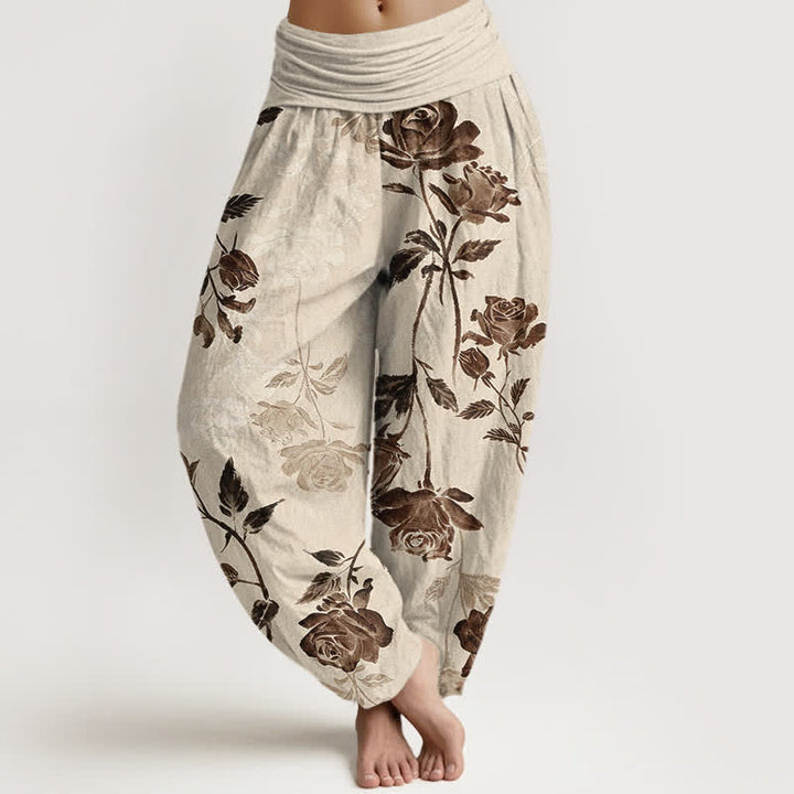 Buddha Stones Pantalones harem de algodón con estampado vintage de rosas para mujer con cintura elástica. - Lino - US16，UK/AU20，EU48 (3XL) - image 0