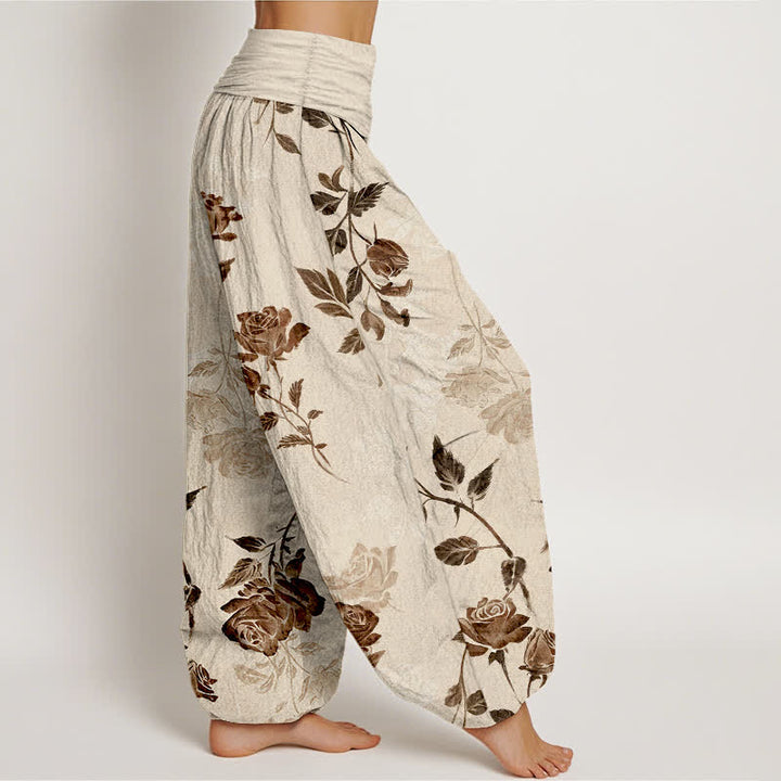 Buddha Stones Pantalones harem de algodón con estampado vintage de rosas para mujer con cintura elástica. - image 2