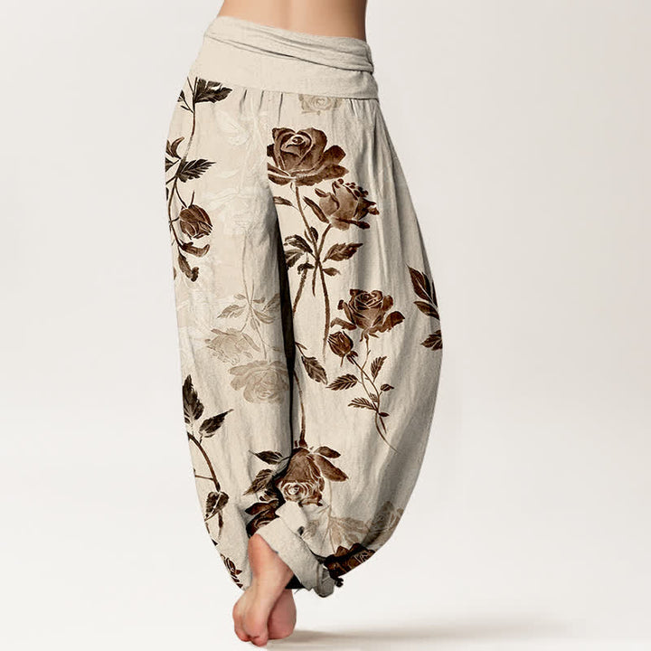 Buddha Stones Pantalones harem de algodón con estampado vintage de rosas para mujer con cintura elástica. - image 1