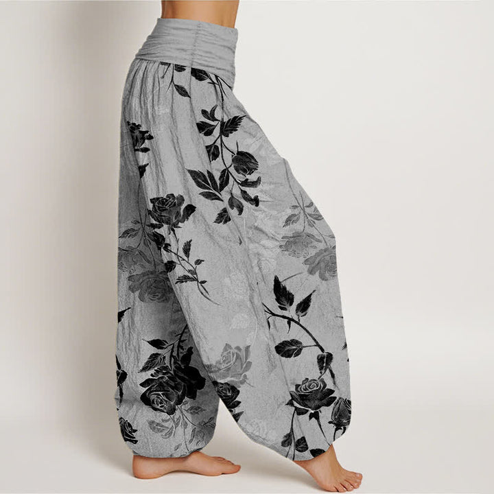 Buddha Stones Pantalones harem de algodón con estampado vintage de rosas para mujer con cintura elástica. - image 7