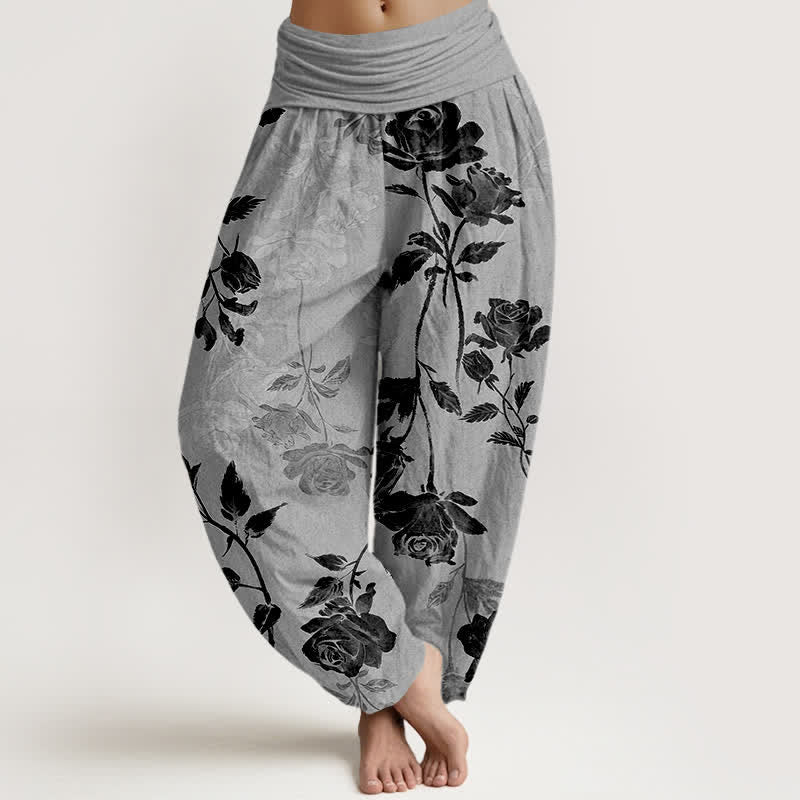 Buddha Stones Pantalones harem de algodón con estampado vintage de rosas para mujer con cintura elástica. - Gris oscuro - US16，UK/AU20，EU48 (3XL) - image 5
