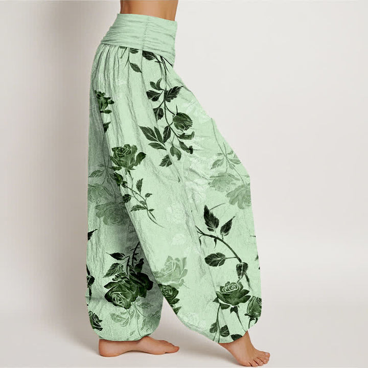 Buddha Stones Pantalones harem de algodón con estampado vintage de rosas para mujer con cintura elástica. - image 10
