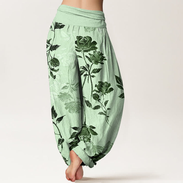 Buddha Stones Pantalones harem de algodón con estampado vintage de rosas para mujer con cintura elástica. - image 9