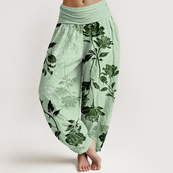 Buddha Stones Pantalones harem de algodón con estampado vintage de rosas para mujer con cintura elástica. - Verde pálido - US16，UK/AU20，EU48 (3XL) - image 8