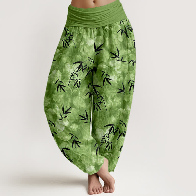 Buddha Stones Pantalones harem de mujer con cintura elástica, estampado de hojas de bambú negras y algodón puro para mujer. - Verde mar medio - US16，UK/AU20，EU48 (3XL) - image 0