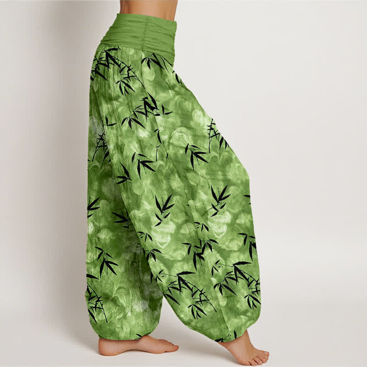Buddha Stones Pantalones harem de mujer con cintura elástica, estampado de hojas de bambú negras y algodón puro para mujer. - image 2