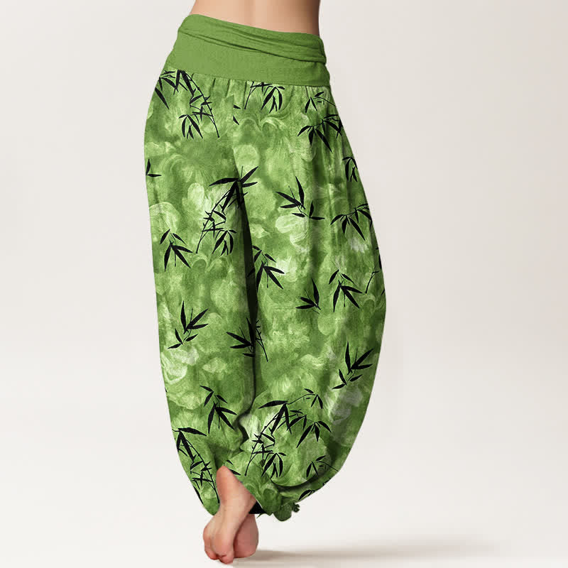 Buddha Stones Pantalones harem de mujer con cintura elástica, estampado de hojas de bambú negras y algodón puro para mujer. - image 1