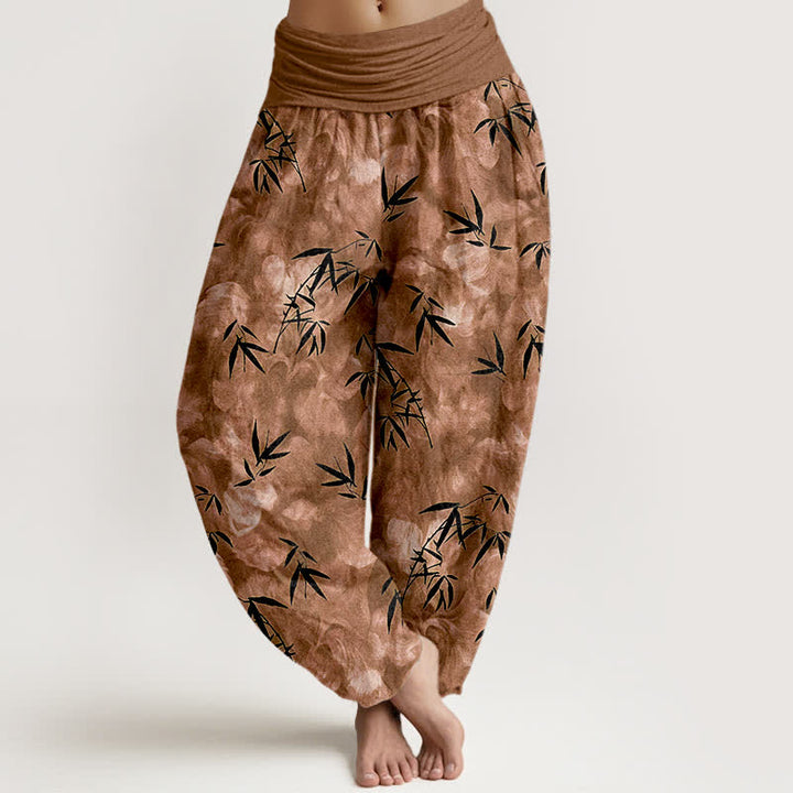 Buddha Stones Pantalones harem de mujer con cintura elástica, estampado de hojas de bambú negras y algodón puro para mujer. - Perú - US16，UK/AU20，EU48 (3XL) - image 5
