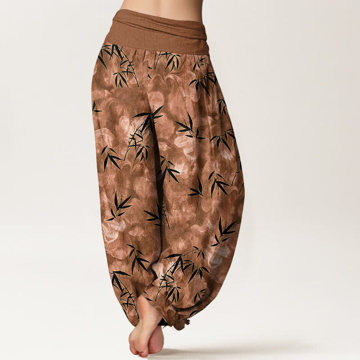 Buddha Stones Pantalones harem de mujer con cintura elástica, estampado de hojas de bambú negras y algodón puro para mujer. - image 6