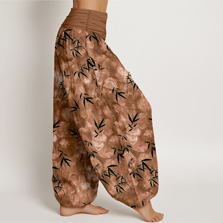 Buddha Stones Pantalones harem de mujer con cintura elástica, estampado de hojas de bambú negras y algodón puro para mujer. - image 7