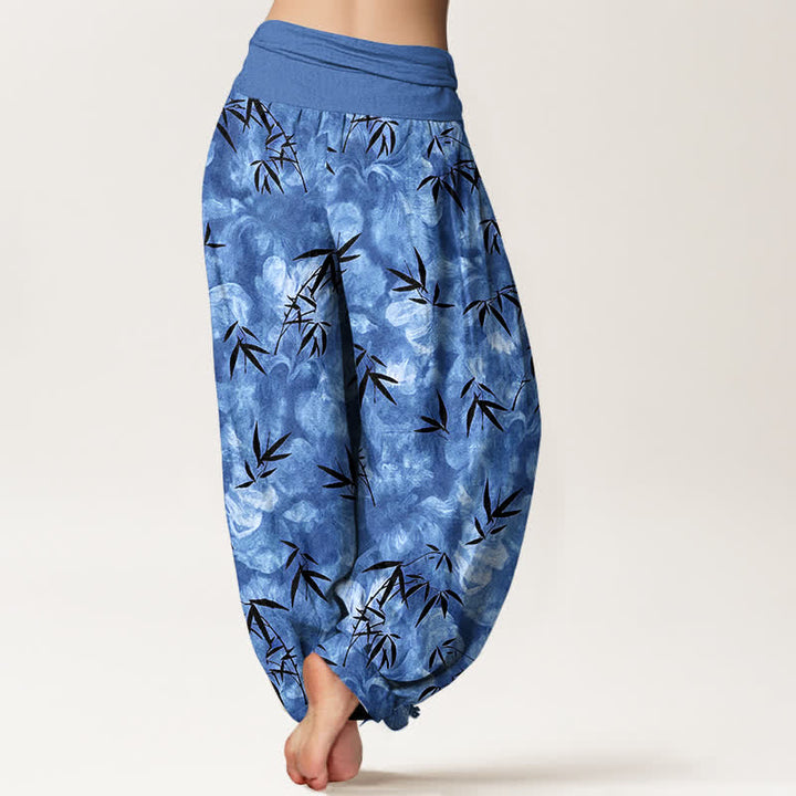 Buddha Stones Pantalones harem de mujer con cintura elástica, estampado de hojas de bambú negras y algodón puro para mujer. - image 9