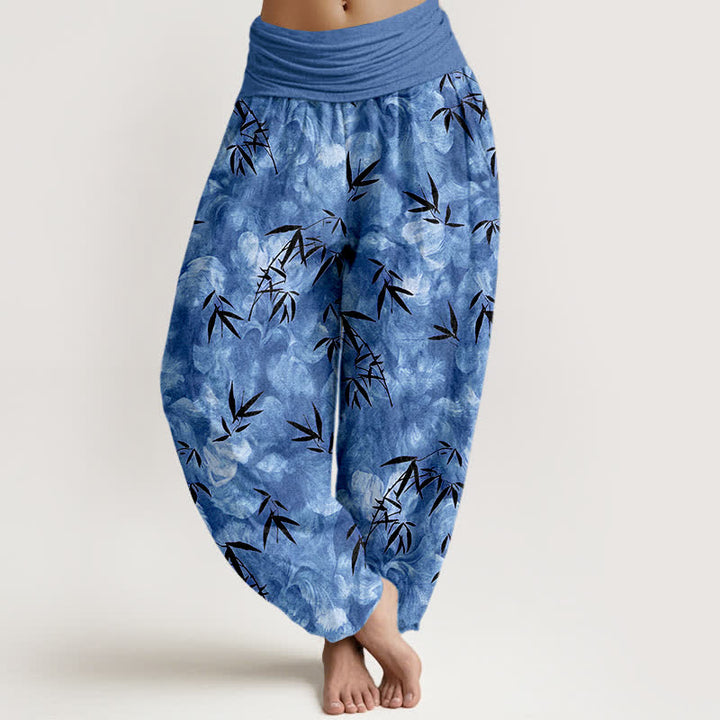 Buddha Stones Pantalones harem de mujer con cintura elástica, estampado de hojas de bambú negras y algodón puro para mujer. - Azul aciano - US16，UK/AU20，EU48 (3XL) - image 8