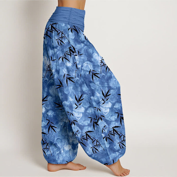 Buddha Stones Pantalones harem de mujer con cintura elástica, estampado de hojas de bambú negras y algodón puro para mujer. - image 10