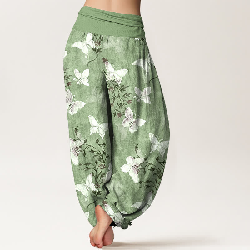 Buddha Stones Pantalones harem de mujer con cintura elástica y estampado floral de mariposas blancas de algodón. - image 1