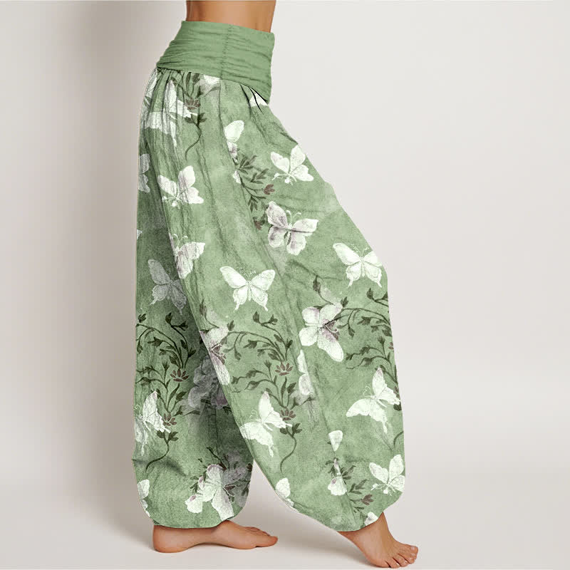 Buddha Stones Pantalones harem de mujer con cintura elástica y estampado floral de mariposas blancas de algodón. - image 2