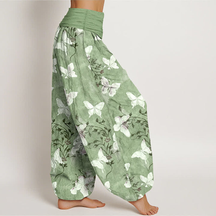 Buddha Stones Pantalones harem de mujer con cintura elástica y estampado floral de mariposas blancas de algodón. - image 2