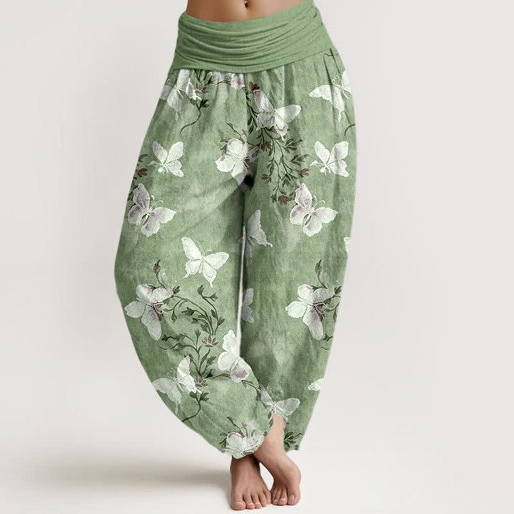 Buddha Stones Pantalones harem de mujer con cintura elástica y estampado floral de mariposas blancas de algodón. - Verde pálido - US16，UK/AU20，EU48 (3XL) - image 0