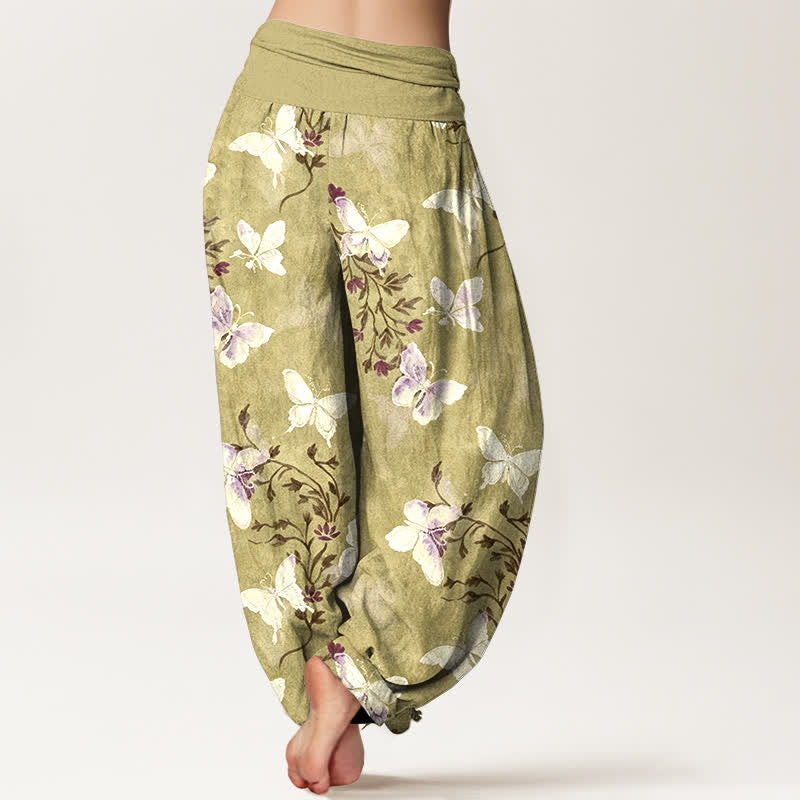 Buddha Stones Pantalones harem de mujer con cintura elástica y estampado floral de mariposas blancas de algodón. - image 6