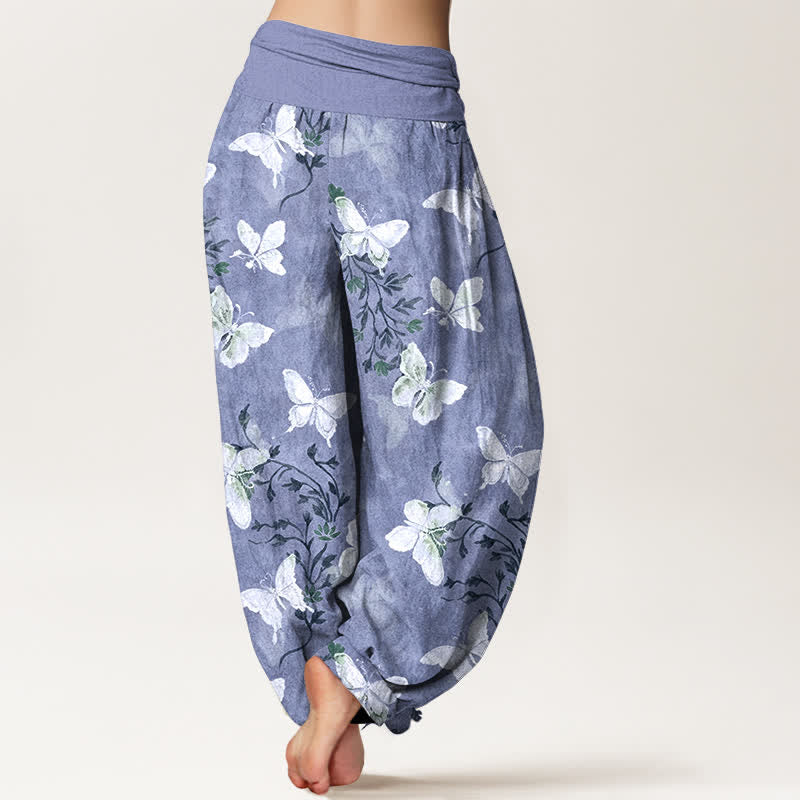 Buddha Stones Pantalones harem de mujer con cintura elástica y estampado floral de mariposas blancas de algodón. - image 9