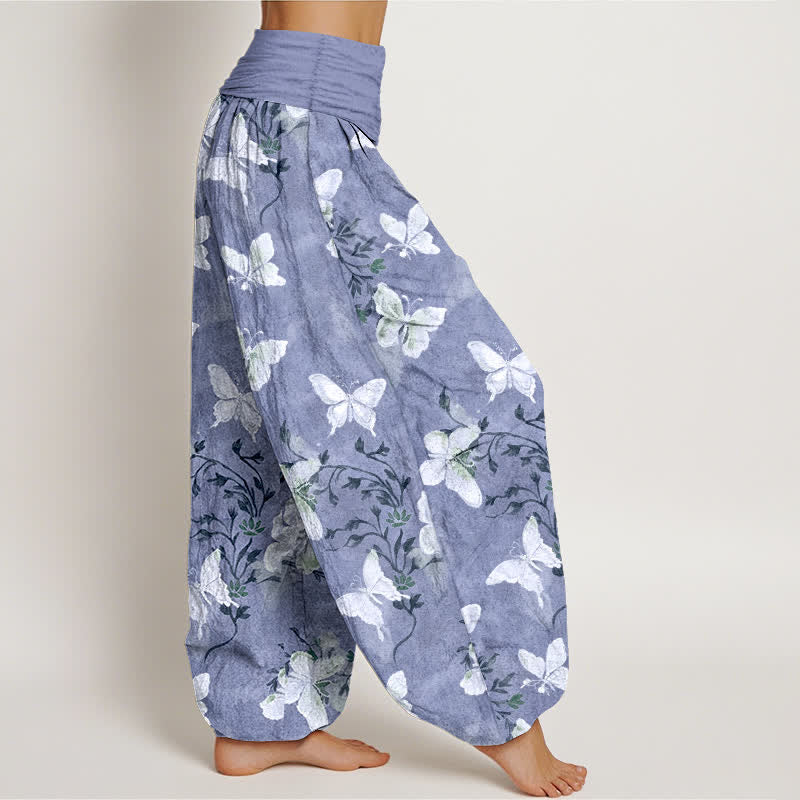 Buddha Stones Pantalones harem de mujer con cintura elástica y estampado floral de mariposas blancas de algodón. - image 10