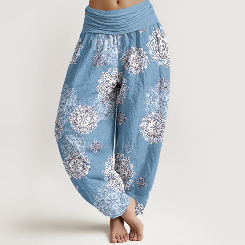 Buddha Stones Pantalones harem de algodón puro con estampado floral mandala variado para mujer, cintura elástica. - Azul cielo claro - US16，UK/AU20，EU48 (3XL) - image 0
