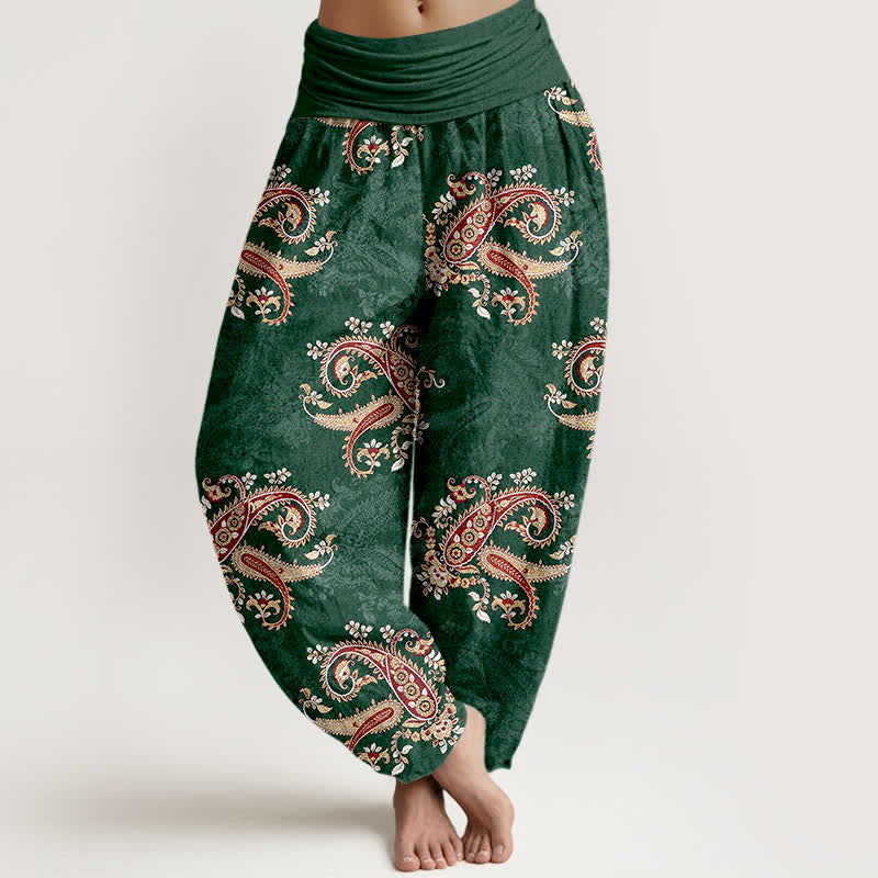 Buddha Stones Pantalones harem de mujer con elegante estampado paisley de algodón puro y cintura elástica. - Verde bosque - US16，UK/AU20，EU48 (3XL) - image 0