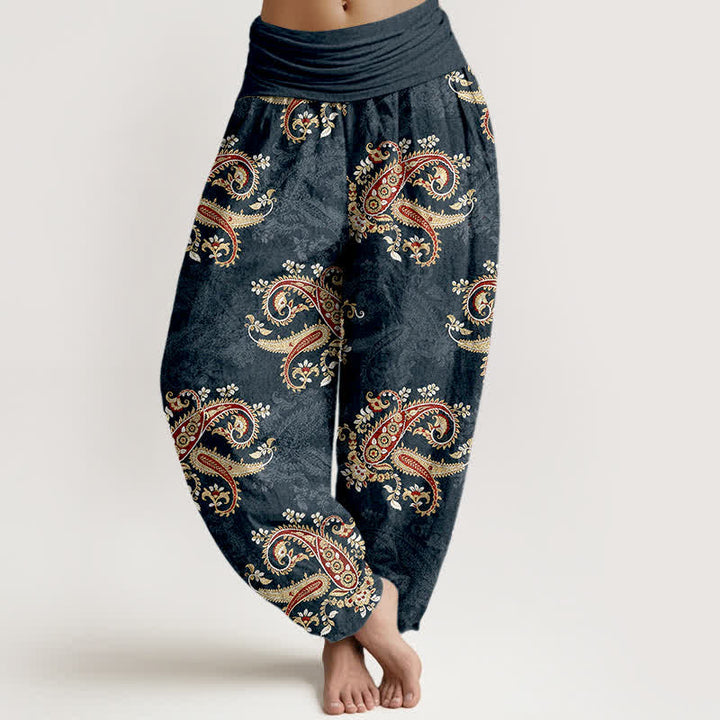 Buddha Stones Pantalones harem de mujer con elegante estampado paisley de algodón puro y cintura elástica. - Gris pizarra oscuro - US16，UK/AU20，EU48 (3XL) - image 5