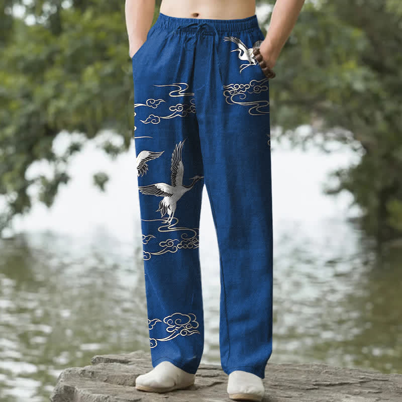 Buddha Stones Pantalones de hombre de algodón blanco con estampado de grullas y olas, corte cónico y bolsillos. - Azul real - US/UK/AU50, EU60 (5XL) - image 0