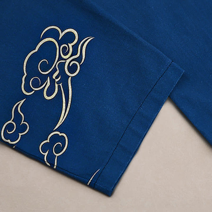 Buddha Stones Pantalones de hombre de algodón blanco con estampado de grullas y olas, corte cónico y bolsillos. - image 3