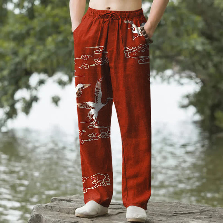 Buddha Stones Pantalones de hombre de algodón blanco con estampado de grullas y olas, corte cónico y bolsillos. - Rojo oscuro - US/UK/AU50, EU60 (5XL) - image 4