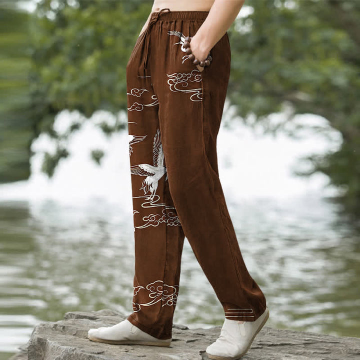 Buddha Stones Pantalones de hombre de algodón blanco con estampado de grullas y olas, corte cónico y bolsillos. - image 7