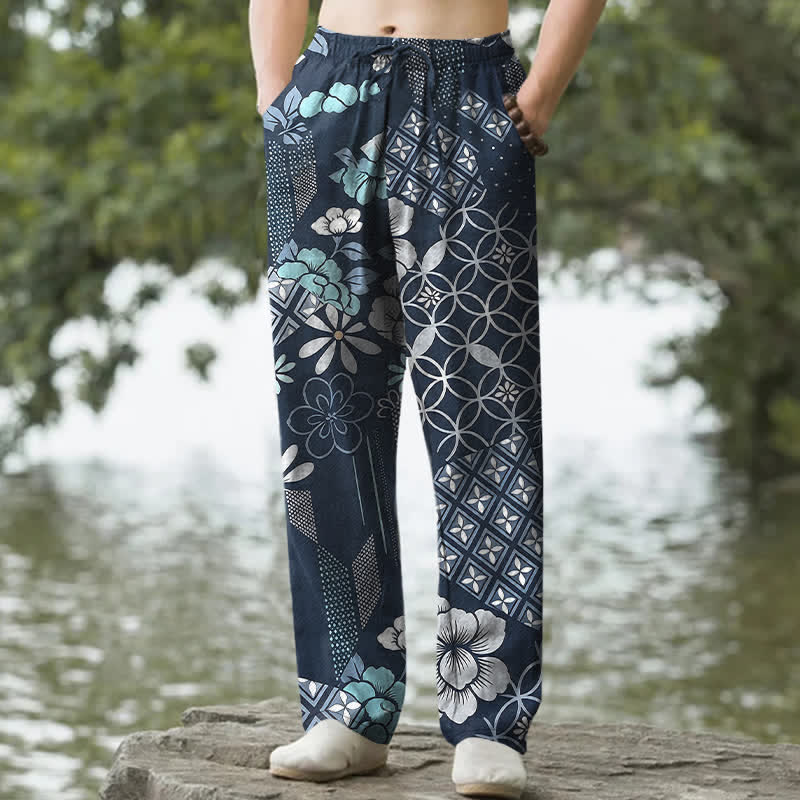 Buddha Stones Pantalones de hombre de algodón con estampado floral geométrico estilo bohemio y corte ajustado, con bolsillos. - Marina de guerra - US/UK/AU50, EU60 (5XL) - image 0