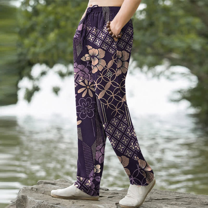 Buddha Stones Pantalones de hombre de algodón con estampado floral geométrico estilo bohemio y corte ajustado, con bolsillos. - image 5