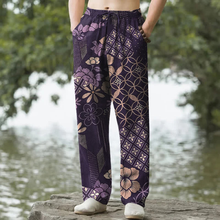 Buddha Stones Pantalones de hombre de algodón con estampado floral geométrico estilo bohemio y corte ajustado, con bolsillos. - Púrpura - US/UK/AU50, EU60 (5XL) - image 4