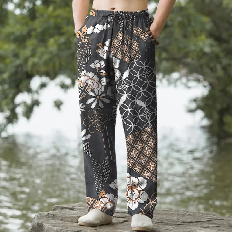 Buddha Stones Pantalones de hombre de algodón con estampado floral geométrico estilo bohemio y corte ajustado, con bolsillos. - Gris oscuro - US/UK/AU50, EU60 (5XL) - image 6