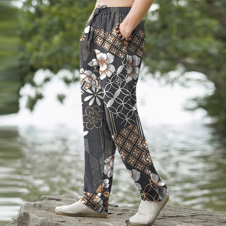 Buddha Stones Pantalones de hombre de algodón con estampado floral geométrico estilo bohemio y corte ajustado, con bolsillos. - image 7