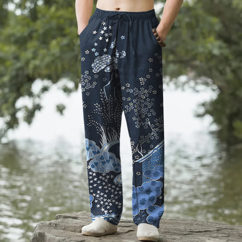 Buddha Stones Pantalones de hombre de algodón blanco con estampado floral de nubes, corte ajustado y bolsillos. - Marina de guerra - US/UK/AU50, EU60 (5XL) - image 0
