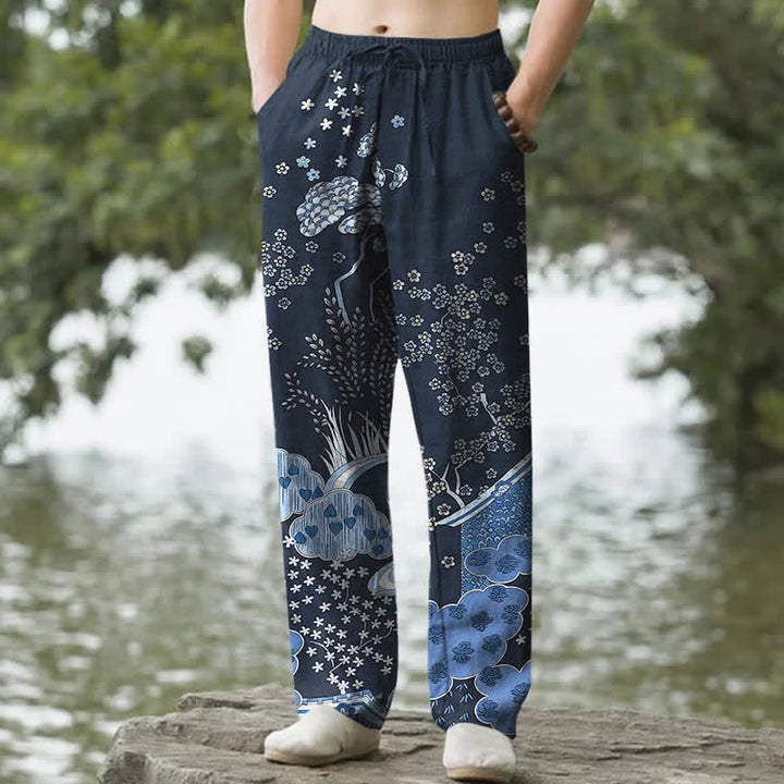 Buddha Stones Pantalones de hombre de algodón blanco con estampado floral de nubes, corte ajustado y bolsillos. - Marina de guerra - US/UK/AU50, EU60 (5XL) - image 0
