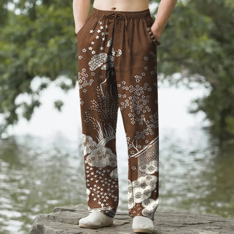 Buddha Stones Pantalones de hombre de algodón blanco con estampado floral de nubes, corte ajustado y bolsillos. - Marrón silla de montar - US/UK/AU50, EU60 (5XL) - image 4