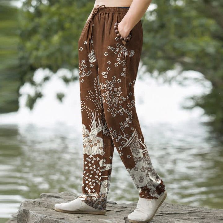 Buddha Stones Pantalones de hombre de algodón blanco con estampado floral de nubes, corte ajustado y bolsillos. - image 5