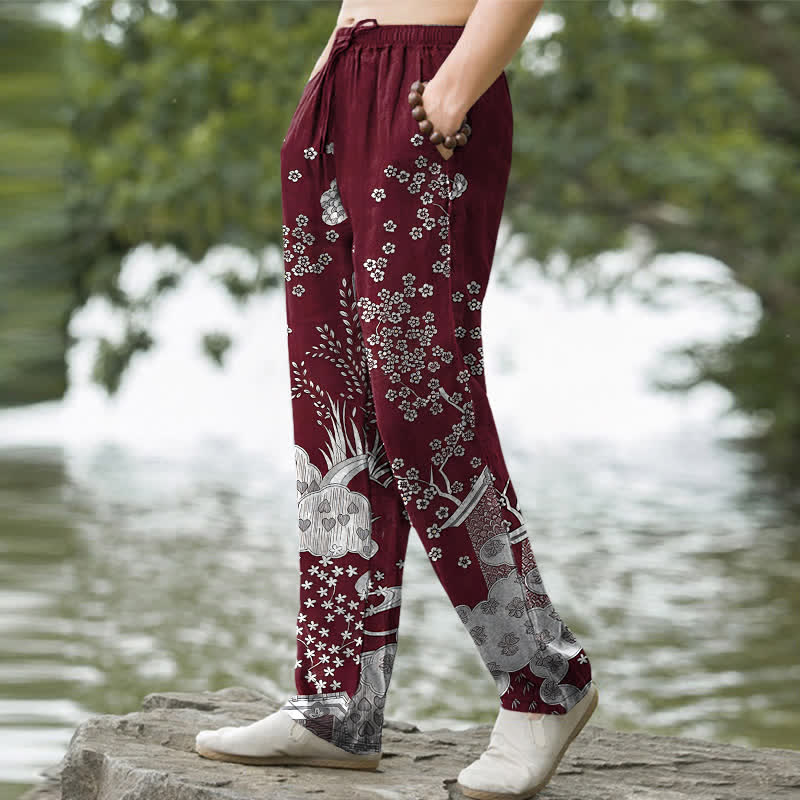 Buddha Stones Pantalones de hombre de algodón blanco con estampado floral de nubes, corte ajustado y bolsillos. - image 7