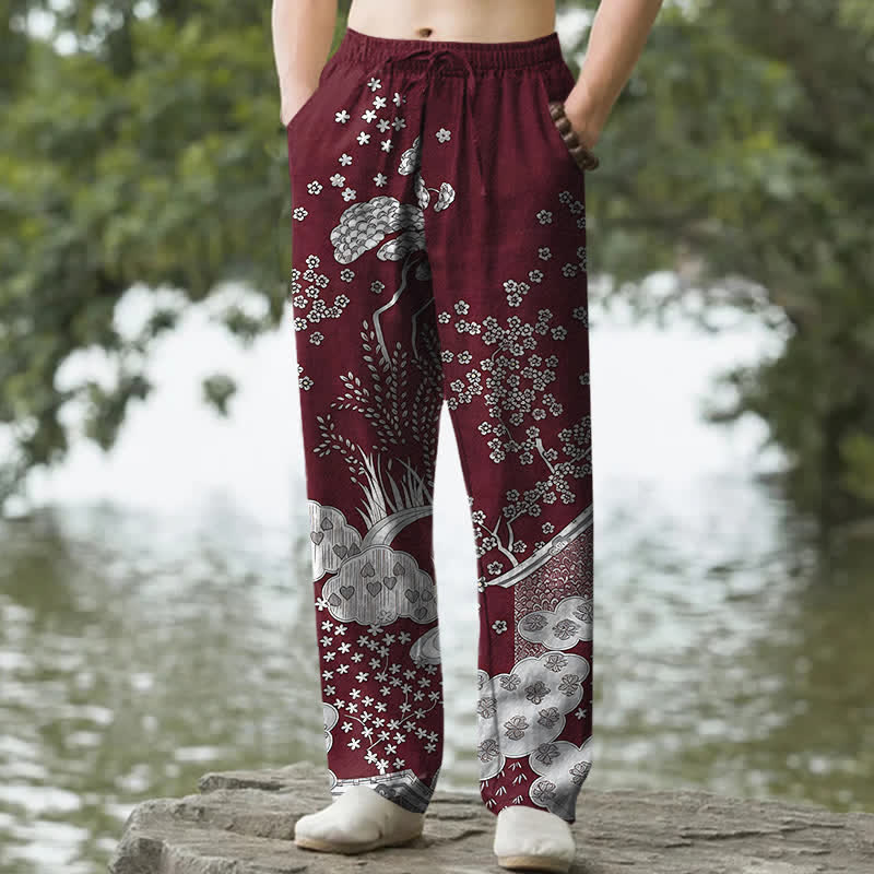Buddha Stones Pantalones de hombre de algodón blanco con estampado floral de nubes, corte ajustado y bolsillos. - Granate - US/UK/AU50, EU60 (5XL) - image 6