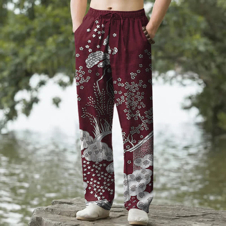 Buddha Stones Pantalones de hombre de algodón blanco con estampado floral de nubes, corte ajustado y bolsillos. - Granate - US/UK/AU50, EU60 (5XL) - image 6
