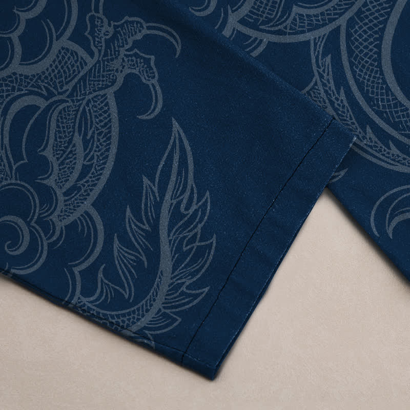 Buddha Stones Pantalones de hombre de algodón con estampado sutil de dragón, corte ajustado y bolsillos. - image 3