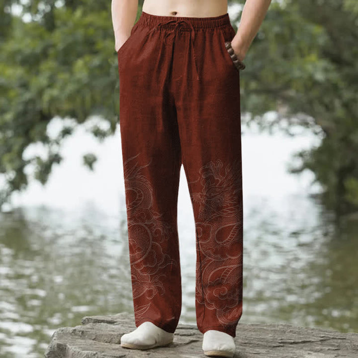 Buddha Stones Pantalones de hombre de algodón con estampado sutil de dragón, corte ajustado y bolsillos. - Granate - US/UK/AU50, EU60 (5XL) - image 6