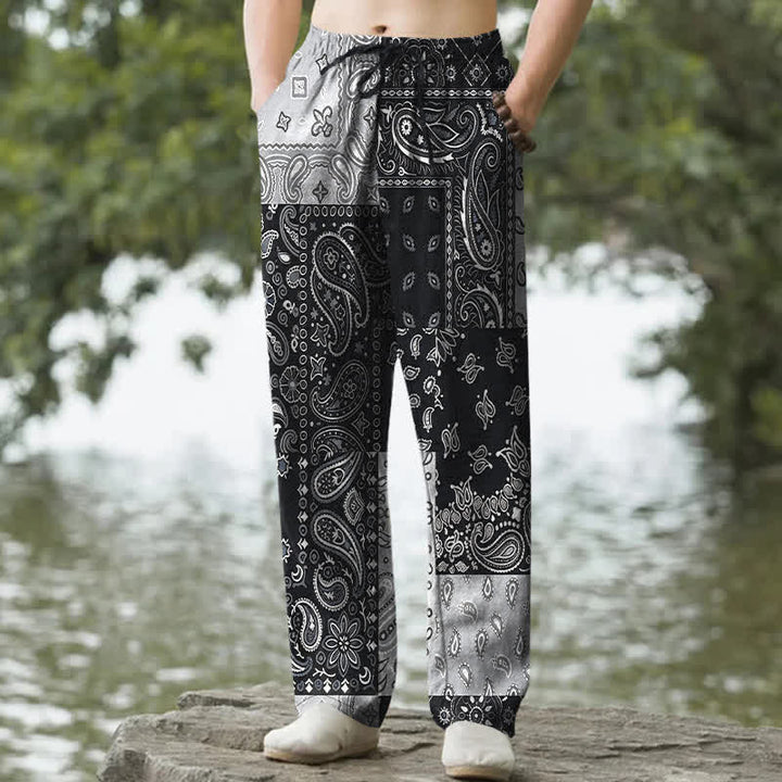 Buddha Stones Pantalones de algodón para hombre con estampado paisley variado, corte ajustado y bolsillos. - Negro - US/UK/AU50, EU60 (5XL) - image 0