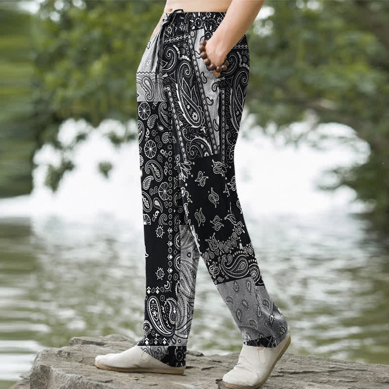 Buddha Stones Pantalones de algodón para hombre con estampado paisley variado, corte ajustado y bolsillos. - image 1