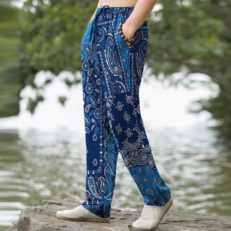 Buddha Stones Pantalones de algodón para hombre con estampado paisley variado, corte ajustado y bolsillos. - image 5