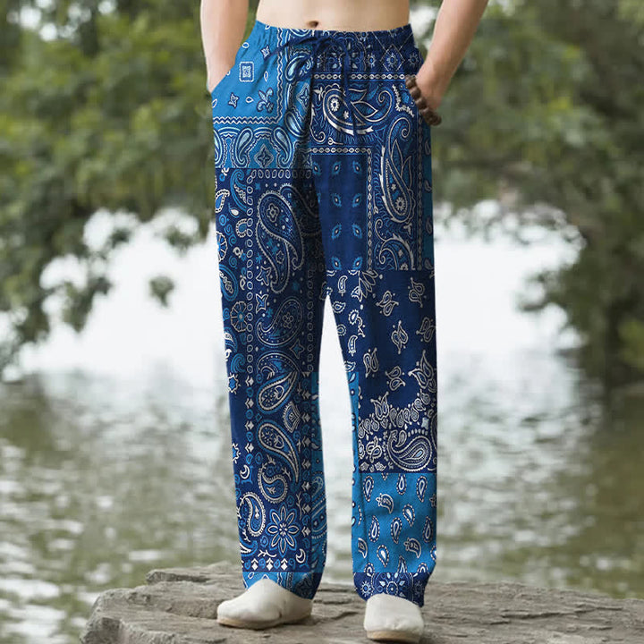 Buddha Stones Pantalones de algodón para hombre con estampado paisley variado, corte ajustado y bolsillos. - Azul real - US/UK/AU50, EU60 (5XL) - image 4